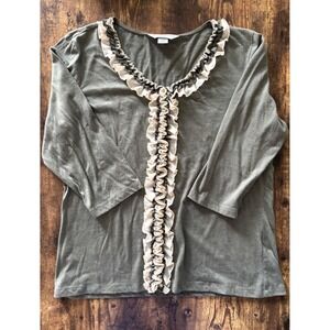 Christopher & Banks Petite Olive Green Ruffle Trim 3/4 Sleeve Knit Top PL